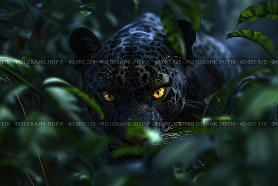 A black panther with piercing yellow eyes peers out from behind thick green foliage, camouflaged in the lush jungle. Стоковое AI-изображение, AI-художник Данила Большаков / Фотобанк Лори