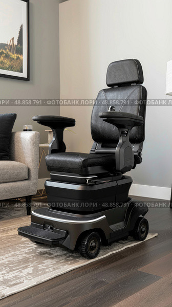 A black power wheelchair with a comfortable padded seat and a headrest sits on a patterned rug in a modern living room. Стоковое AI-изображение, AI-художник Данила Большаков / Фотобанк Лори