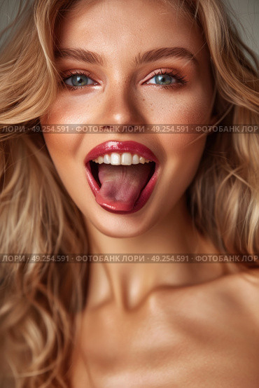 A blonde woman with a playful expression sticks out her tongue in a lighthearted moment. Стоковое AI-изображение, AI-художник Данила Большаков / Фотобанк Лори