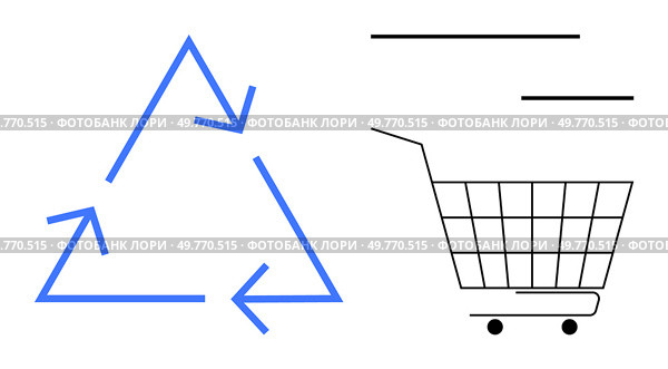 A blue recycling symbol forms a triangle with arrows pointing clockwise. Adjacent, a black shopping cart outline suggests movement. Ideal for sustainable shopping environmental awareness eco-friendly. Blue Recycling Symbol and Shopping Cart Outlines Representing Eco-friendly Shopping. Стоковая иллюстрация, агентство Ingram Publishing / Фотобанк Лори