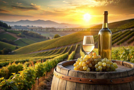 A bottle of white wine and a bunch of ripe grapes on a wooden oak barrel against the background of a vineyard. Стоковое AI-изображение, AI-художник Photojuli / Фотобанк Лори