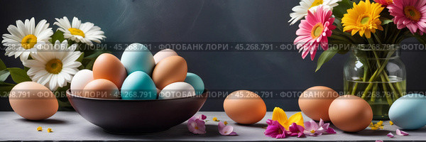 A bowl of colorful painted easter eggs on a table with first bright spring flowers. Concept of Pascha, Resurrection Sunday, Christian cultural holiday. Banner, copy space. Стоковое AI-изображение, AI-художник Sergey Grishin / Фотобанк Лори
