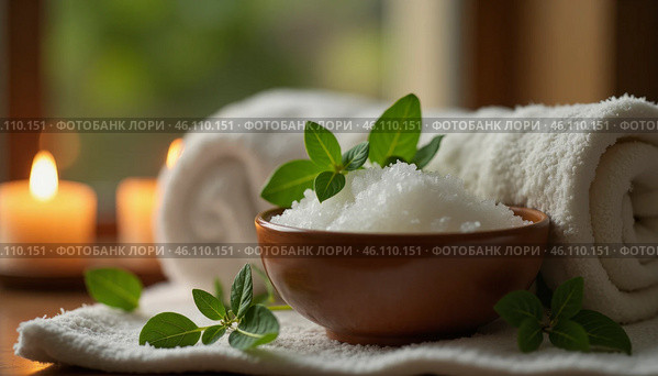 A bowl of salt and a bunch of mint leaves on a table with two white towels. Стоковое AI-изображение, AI-художник Виктория Кольцова / Фотобанк Лори