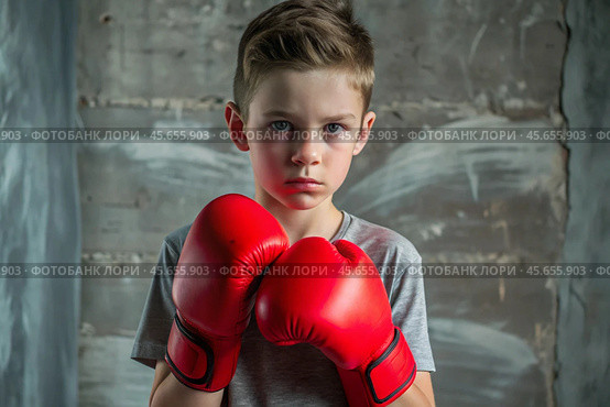 A boy in boxing gloves strikes, a cute teenage boy stands in a fighter's pose, ready to fight. Playing sports. Children's sports sections. Стоковое AI-изображение, AI-художник Photojuli / Фотобанк Лори