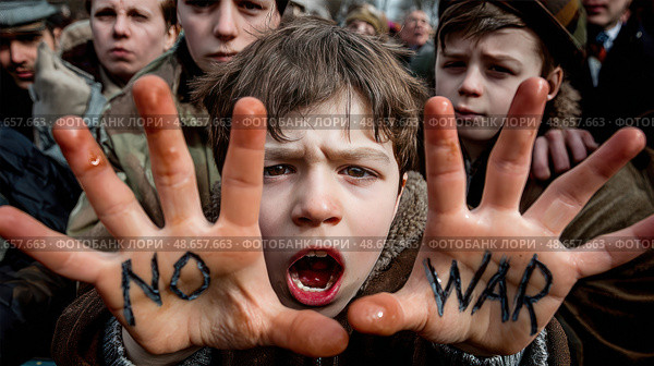 A boy is holding his hands up in front of a crowd. Стоковое AI-изображение, AI-художник Ярославский Максим / Фотобанк Лори