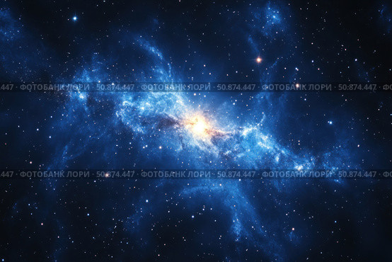 A breathtaking image of a distant galaxy shining in outer space. The bright center flashes with golden light, surrounded by swirls of blue interstellar gas and a scattering of stars. The epic space scene symbolizes the grandeur of the Universe, the mysteries of its structure and the endless space. Perfect for popular science publications, book covers, illustrations for articles about space, as well as the design of websites dedicated to astronomy and science. Стоковое AI-изображение, AI-художник Анна Кривицкая / Фотобанк Лори