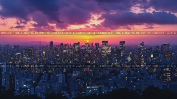 A breathtaking sunset casts a warm glow over a lively city, highlighting skyscrapers against a colorful sky during the evening hours. Стоковое AI-видео, аниматор Данила Большаков / Фотобанк Лори