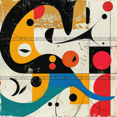 A bright abstract composition in the style of modernism or abstract expressionism. The painting is constructed from colored geometric shapes - circles, arcs, lines and planes. The color palette is rich: red, yellow, blue, black and turquoise on a light background. The shapes overlap, creating a sense of movement, rhythm and visual play. Стоковое AI-изображение, AI-художник Анна Кривицкая / Фотобанк Лори