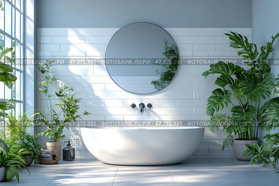 A bright, modern bathroom with an oval freestanding bathtub. The wall behind the bathtub is lined with white rectangular tiles, and a large round mirror hangs above the bathtub. The room is filled with natural light coming through a large window on the left. The interior is decorated with many green indoor plants, which gives the space a feeling of freshness, coziness and connection with nature. The bathtub and the surrounding space are decorated in a minimalist, but warm and lively style. Стоковое AI-изображение, AI-художник Анна Кривицкая / Фотобанк Лори