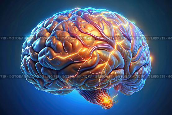 A brightly lit human brain with electrical currents flowing from it, demonstrating the intensity of neurological processes. Стоковое AI-изображение, AI-художник Коханова Наталья / Фотобанк Лори