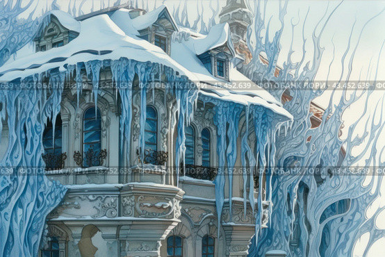 A building in a winter setting, covered with snow and icy patterns. The architecture of the building is exquisite, with balconies and windows decorated with wrought iron grilles. Icicles hang from the roofs and eaves, forming intricate icy shapes that give the building a fairy-tale look. The light palette of the image with a predominance of blue and white tones creates a feeling of cold winter beauty and magic. Стоковое AI-изображение, AI-художник Анна Кривицкая / Фотобанк Лори