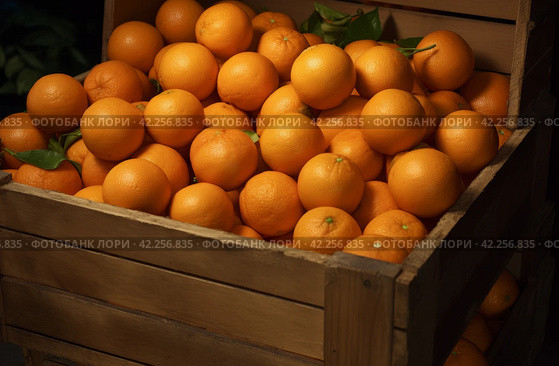 a bunch of oranges crammed in wooden boxes. Стоковое AI-изображение, AI-художник Юлия Гапеенко / Фотобанк Лори
