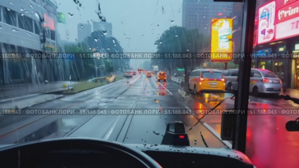 A bus driver navigates through a rainy urban street during dusk, highlighting bustling traffic and illuminated storefronts. Стоковое AI-видео, аниматор Данила Большаков / Фотобанк Лори