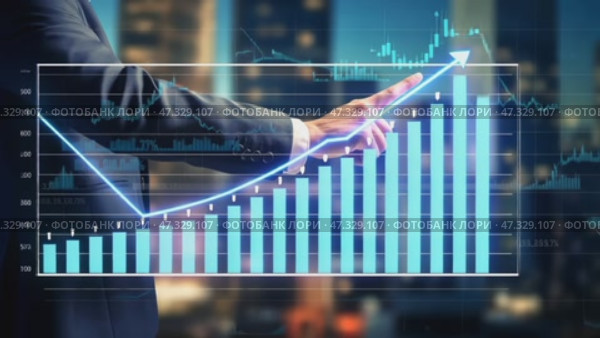 A business professional is signaling towards an upward-trending financial graph displayed on a screen, showcasing city lights in the background, suggesting economic growth and innovation. Стоковое AI-видео, аниматор Sergey Grishin / Фотобанк Лори