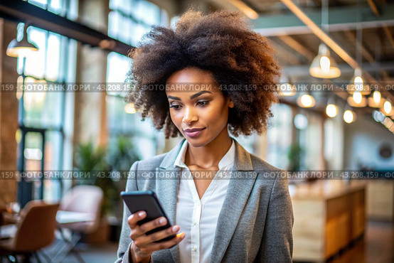 A businesslike dark-skinned African-American woman with curly hair. She is dressed in a casual jacket. In the hands of a smartphone. A businesswoman looks at her mobile phone. Стоковое AI-изображение, AI-художник Photojuli / Фотобанк Лори