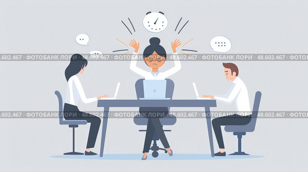 A businesswoman at her desk feels overwhelmed by multiple tasks, her colleagues demanding attention, and the pressure of time. Стоковое AI-изображение, AI-художник Данила Большаков / Фотобанк Лори