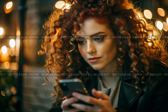 A businesswoman with curly red hair and freckles. She's wearing a coat. In the hands of a smartphone. A small business entrepreneur looks at her mobile phone. Стоковое AI-изображение, AI-художник Photojuli / Фотобанк Лори