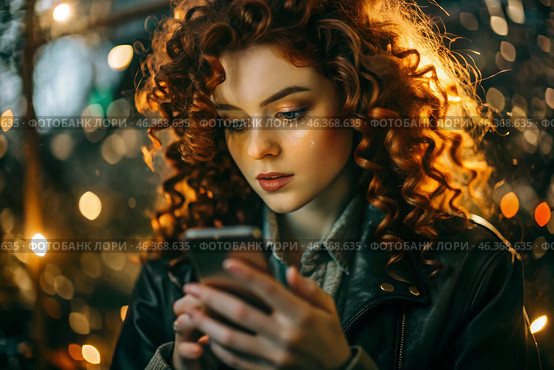 A businesswoman with curly red hair and freckles. She's wearing a coat. In the hands of a smartphone. A small business entrepreneur looks at her mobile phone. Стоковое AI-изображение, AI-художник Photojuli / Фотобанк Лори