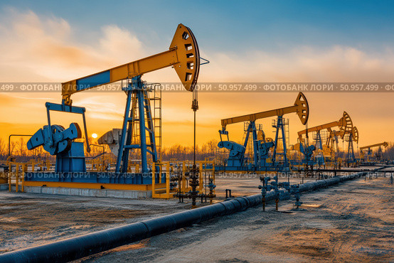 A bustling oil field showcases numerous nodding donkey pumpjacks tirelessly extracting crude oil. This captivating industrial scene highlights the mechanical marvels of energy production. Стоковое AI-изображение, AI-художник Nart / Фотобанк Лори