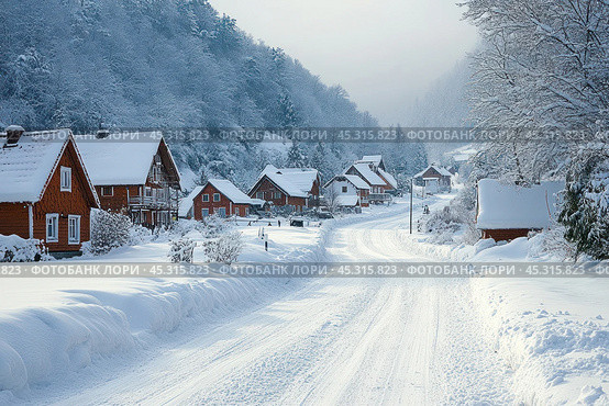 A calm winter landscape of a small village with wooden houses covered in a thick layer of snow. A winding road covered in snow leads through the village, surrounded by forest, and disappears into the distance. Houses are located along the road, their bright facades contrast beautifully with the whiteness of the winter landscape. Trees and roofs of buildings are covered with frost, adding a sense of silence and coziness to the scene. Soft light and light fog in the distance emphasize the atmosphere of winter calm and beauty of nature. Стоковое AI-изображение, AI-художник Анна Кривицкая / Фотобанк Лори