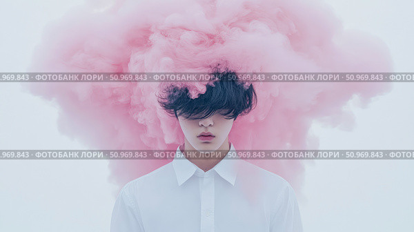 A captivating portrait of a young person shrouded in a voluminous cloud of ethereal pink smoke, their eyes hidden by dark hair, creating a profound and artistic visual narrative. Стоковое AI-изображение, AI-художник Данила Большаков / Фотобанк Лори