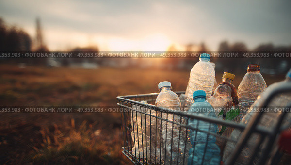 A cart full of plastic bottles is sitting in a field. Стоковое AI-изображение, AI-художник Ярославский Максим / Фотобанк Лори