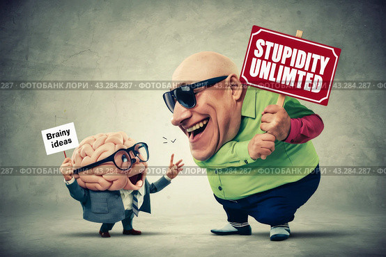A cartoon character of a brain and man holding signs 'brainy ideas' and 'stupidity', AI. Стоковое AI-изображение, AI-художник Сергей Старуш / Фотобанк Лори