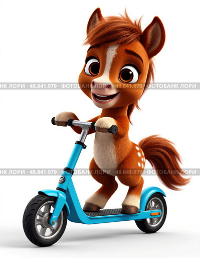 A cartoon horse is riding a blue scooter. Стоковое AI-изображение, AI-художник Ярославский Максим / Фотобанк Лори