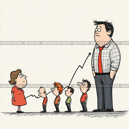 A cartoon of a woman in a red dress standing in front of a row of men of different ages. Between them is a growth chart, starting from the youngest boy and ending with an adult man in a business suit. This visually depicts the process of growing up and developing a person.The illustration is done in a humorous style with elements of satire, emphasizing how children grow and turn into adults. The last person in the row looks serious and perhaps disappointed, which can symbolize the stress of adulthood. Стоковое AI-изображение, AI-художник Анна Кривицкая / Фотобанк Лори