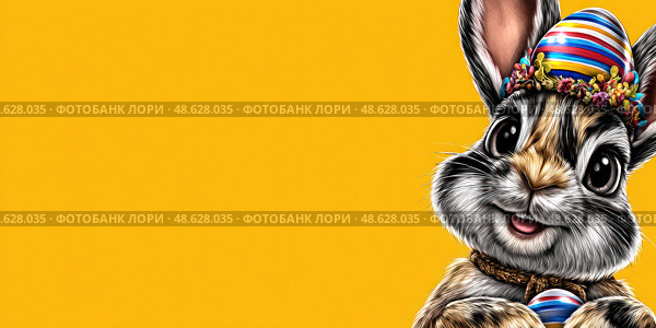 A cartoon rabbit with a hat and a bunch of Easter eggs on its head. Стоковое AI-изображение, AI-художник Ярославский Максим / Фотобанк Лори