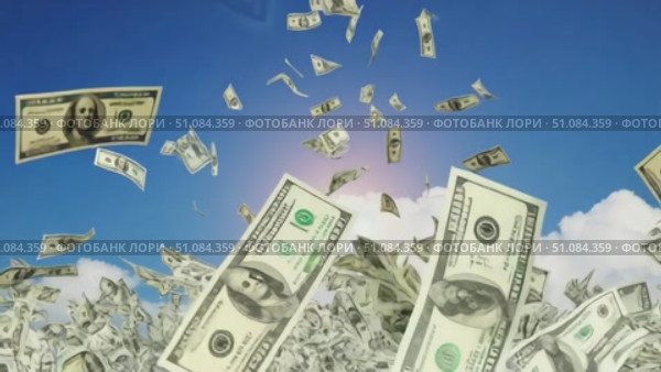 A cascade of dollar bills falling from a clear blue sky, surrounded by fluffy white clouds. The scene conveys themes of wealth and abundance. Стоковое AI-видео, аниматор Nart / Фотобанк Лори