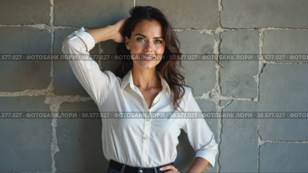 A caucasian young woman in a white blouse standing confidently with her arm scratches and ruffles her hair against a textured stone wall, soft lighting enhancing. Стоковое AI-видео, аниматор Sergey Grishin / Фотобанк Лори