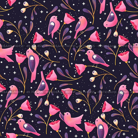 A charming and whimsical seamless pattern featuring vibrant pink flowers, playful birds, and shimmering stardust against a deep blue backdrop. This pattern evokes a sense of joy and wonder, perfect for adding a touch of whimsy and elegance to any design project.. Bird and Blossom Serenade. Стоковое фото, агентство Ingram Publishing / Фотобанк Лори