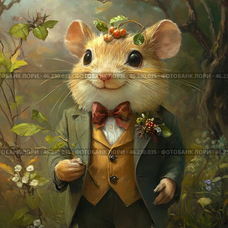 A charming anthropomorphic mouse dressed in an elegant Victorian suit. He wears a green tailcoat, a yellow waistcoat, a white shirt and a red bow tie. On his head lies a small branch with berries, and in his paws he holds a flower branch. On the lapel of his jacket is a boutonniere made of wild berries and leaves. The background of the painting is a magical forest, full of soft sunlight, flowers and greenery. The painting is done in a realistic style with elements of a fairy tale illustration. Стоковое AI-изображение, AI-художник Анна Кривицкая / Фотобанк Лори