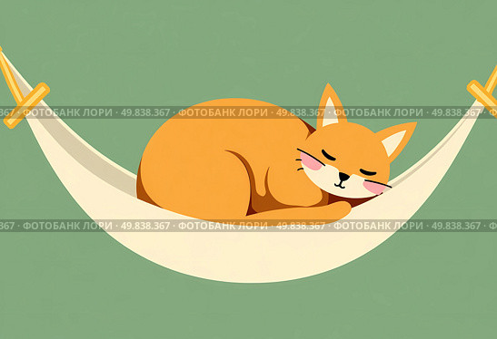 A charming orange cat rests peacefully in a soft hammock, eyes gently closed, basking in the warm sunlight, embodying tranquility and contentment in a serene environment Generative AI. Стоковое AI-изображение, AI-художник Юлия Петровская / Фотобанк Лори