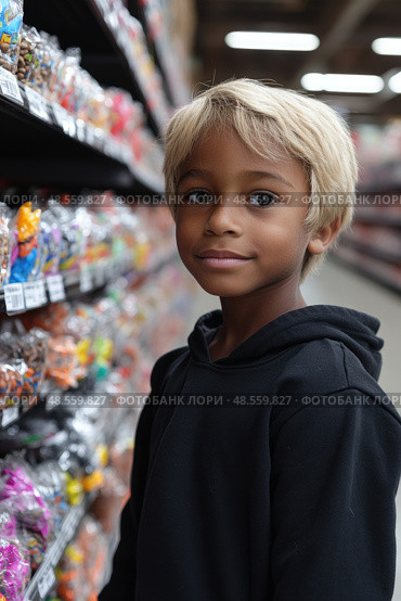 A cheerful boy with blonde hair stands in an aisle filled with assorted candies, exploring the sweet options available. Стоковое AI-изображение, AI-художник Данила Большаков / Фотобанк Лори