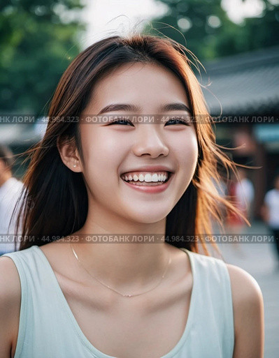 A cheerful Chinese girl stands outdoors, showcasing her radiant smile against a backdrop of lush trees and a lively park atmosphere, capturing the warmth of a sunny day. Mongoloid Asian face type. AI. Стоковое AI-изображение, AI-художник Юлия Петровская / Фотобанк Лори