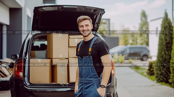 A Cheerful Delivery Worker Handling Boxes and Truck in a Loading Area, Ready to Ensure Efficient Deliveries. Стоковое фото, фотограф Anastasy Yarmolovich / Фотобанк Лори
