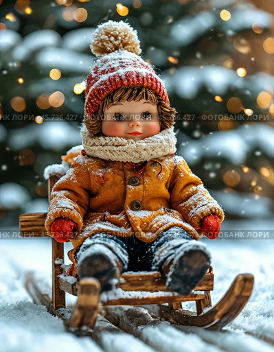 A cheerful toddler slides down a sled. Festive winter atmosphere. Стоковое AI-изображение, AI-художник Сергей Елизарьев / Фотобанк Лори