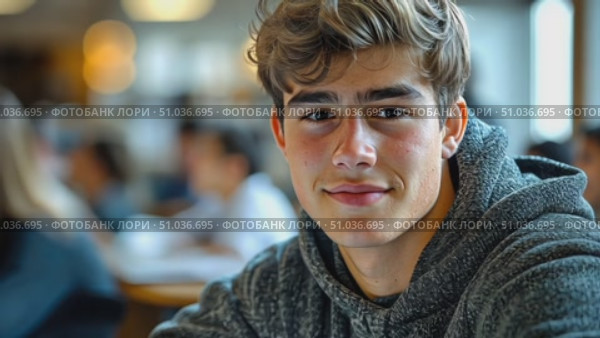 A cheerful young student engages with his studies in a lively classroom environment surrounded by fellow classmates. Стоковое AI-видео, аниматор Данила Большаков / Фотобанк Лори
