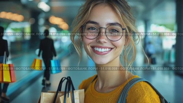 A cheerful young woman stands in an airport terminal, holding shopping bags with a big smile, radiating joy and excitement for her travels. Стоковое AI-видео, аниматор Данила Большаков / Фотобанк Лори