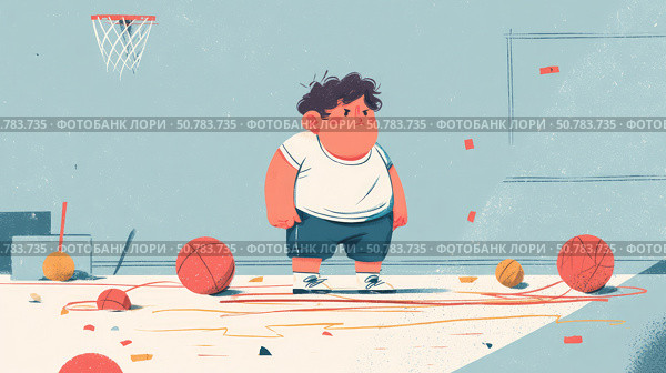 A child trying to participate in a sport, struggling due to excess weight. Стоковое AI-изображение, AI-художник ALLA YURTAYEVA / Фотобанк Лори