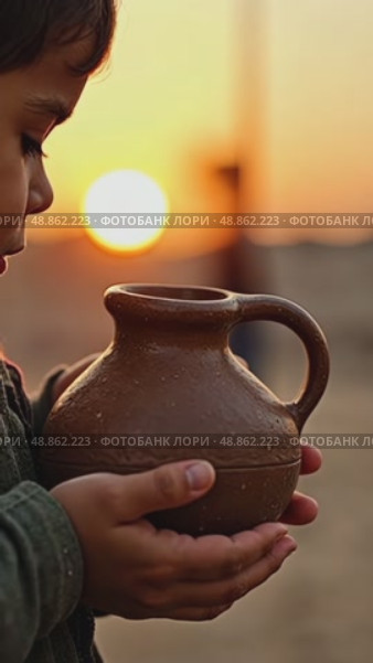 A child's small hands holding a clay water jug, symbolizing the thirst of Imam Hussain family, under the fading light of sunset. Стоковое AI-видео, аниматор Sergey Grishin / Фотобанк Лори