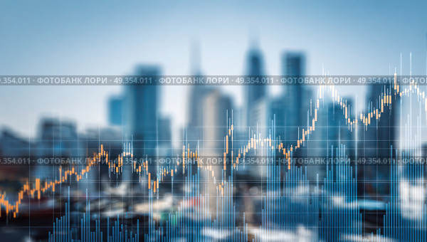 A city skyline with a blurry background and a graph of numbers. Стоковое AI-изображение, AI-художник Ярославский Максим / Фотобанк Лори