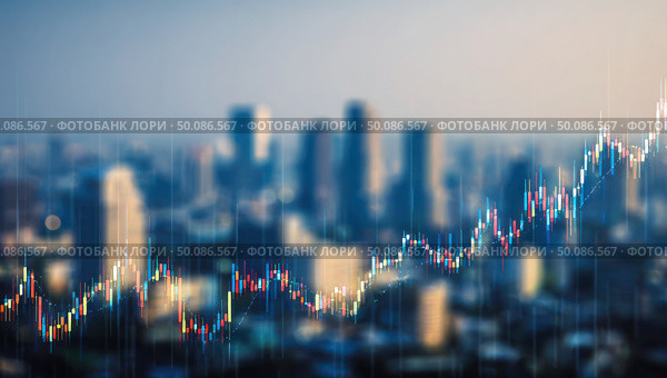 A city skyline with a graph showing the stock market. Стоковое AI-изображение, AI-художник Ярославский Максим / Фотобанк Лори