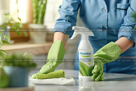 A cleaner in protective gloves cleans the table with a disinfectant. Copy space. Стоковое AI-изображение, AI-художник Ярославский Максим / Фотобанк Лори