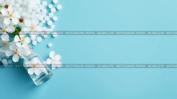A clear blue backdrop showcases homeopathic globules and a glass bottle, alongside delicate herbs, emphasizing alternative healing practices in a serene flatlay composition. Стоковое AI-изображение, AI-художник Sergey Grishin / Фотобанк Лори