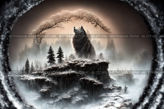 A cliff looking like giant wolf, warg Fenrir, looking at you trough snow covered trees in the northern forest at twilight. AI generative. Стоковое AI-изображение, AI-художник Сергей Старуш / Фотобанк Лори