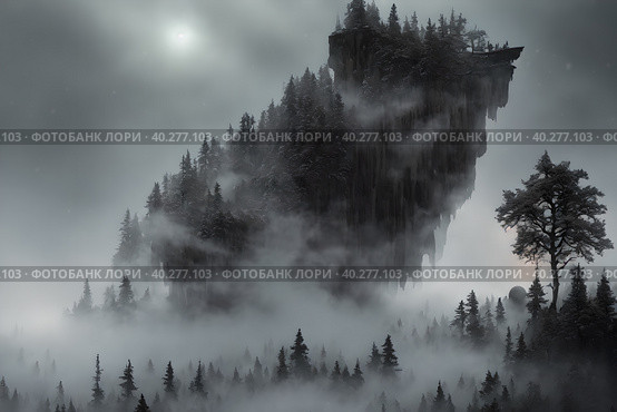 A cliff looking like giant wolf, warg Fenrir, looking at you trough snow covered trees in the northern forest at twilight. AI generative. Стоковое AI-изображение, AI-художник Сергей Старуш / Фотобанк Лори