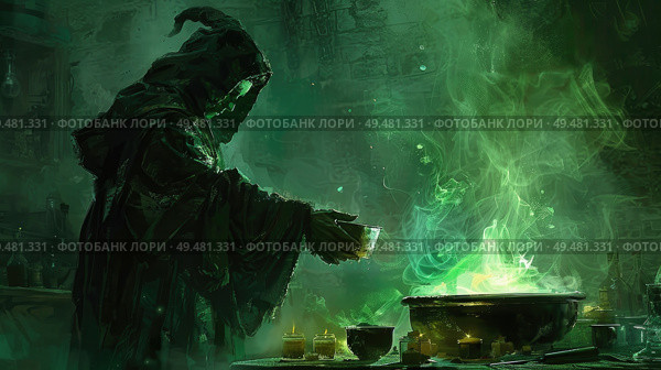 A cloaked sorcerer casts a spell over a bubbling cauldron, emitting a luminous green aura in the twilight of an ethereal woodland. Стоковое AI-изображение, AI-художник Данила Большаков / Фотобанк Лори
